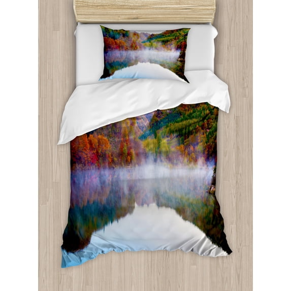 Landscape Duvet Cover Set Twin Size, Magical Lake and Mountain Landscape in the Autumn Fall Heavenly Spaces in Earth, Decorative 2 Piece Bedding Set with 1 Pillow Sham, Multicolor, by Ambesonne
