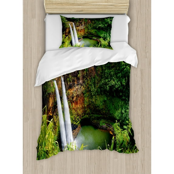 Landscape Duvet Cover Set Twin Size, Majestic Twin Wailua Waterfalls Kauai Hawai Greenery Forest Grass Nature Scenic View, Decorative 2 Piece Bedding Set with 1 Pillow Sham, Green, by Ambesonne