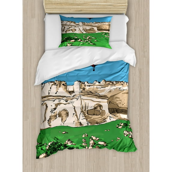 Landscape Duvet Cover Set Twin Size, Mountains with Vivid Hot Air Balloon and Sky Traveling Doodle Illustration, Decorative 2 Piece Bedding Set with 1 Pillow Sham, Multicolor, by Ambesonne