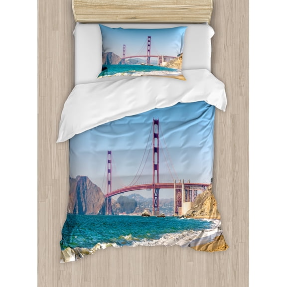 Landscape Duvet Cover Set Twin Size, Panoramic View of Golden Gate Bridge San Francisco Coastline Nature Seascape, Decorative 2 Piece Bedding Set with 1 Pillow Sham, Blue Turquoise, by Ambesonne