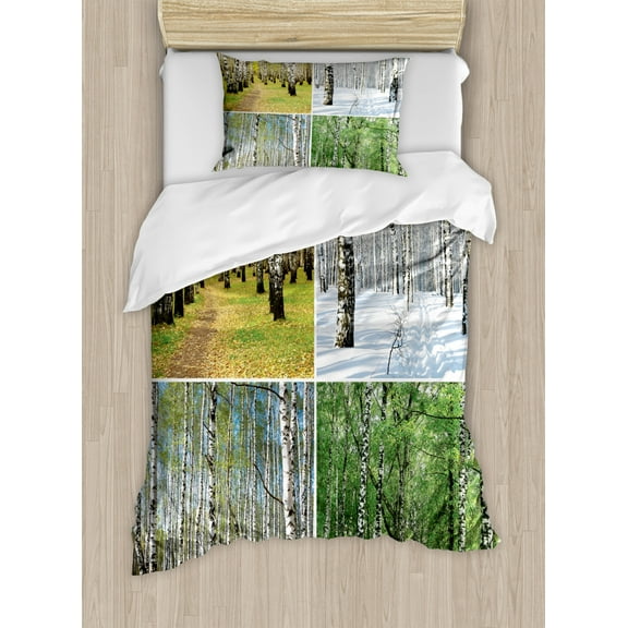 Landscape Duvet Cover Set Twin Size, Pathway in Woodland Birch Tree Jungle in the Fall Winter Spring Summer Season, Decorative 2 Piece Bedding Set with 1 Pillow Sham, Green White, by Ambesonne
