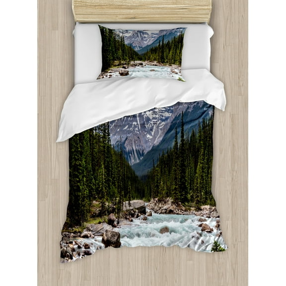 Landscape Duvet Cover Set Twin Size, Photo of Limestone Creek in the Alberta Cold Winter Time Adventure Image Print, Decorative 2 Piece Bedding Set with 1 Pillow Sham, Multicolor, by Ambesonne