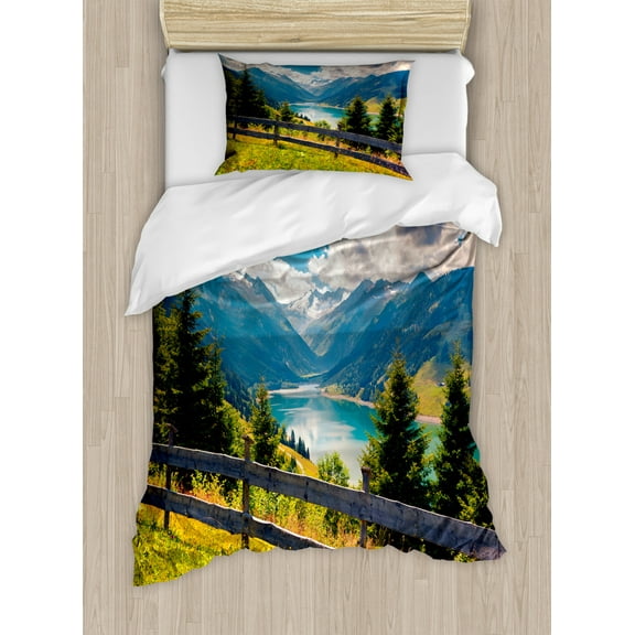 Landscape Duvet Cover Set Twin Size, Scenery View of Speicher Durlassboden Lake in the Austrian Alps and Cloudy Sky, Decorative 2 Piece Bedding Set with 1 Pillow Sham, Multicolor, by Ambesonne