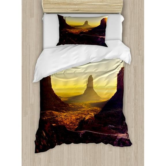 Landscape Duvet Cover Set Twin Size, Sunrise over Monument Valley Natural Formations Historical Travelling, Decorative 2 Piece Bedding Set with 1 Pillow Sham, Mustard Dark Maroon, by Ambesonne