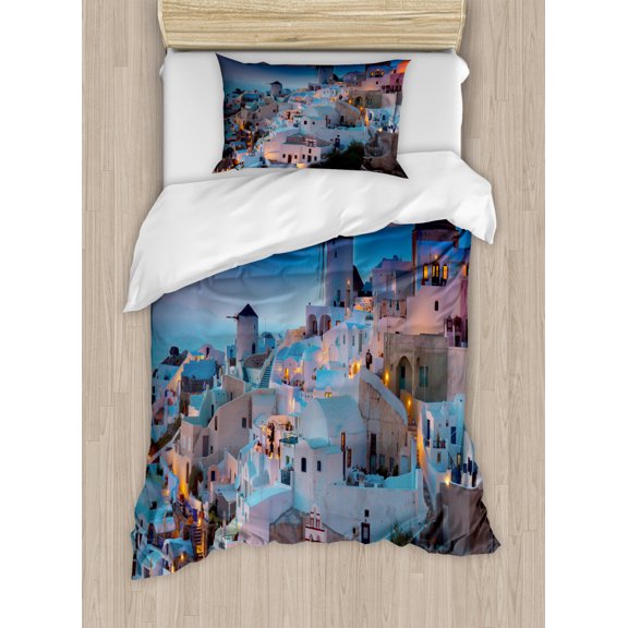 Landscape Duvet Cover Set Twin Size, Touristic Houses Traditional Architecture Composition at Sunset by the Ocean, Decorative 2 Piece Bedding Set with 1 Pillow Sham, Multicolor, by Ambesonne