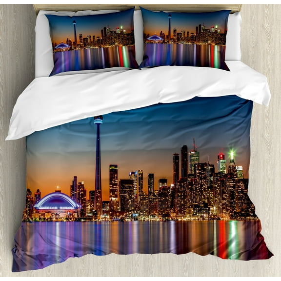 Landscape Duvet Cover Set, Urban Theme a Cityscape View of Toronto and the Skyscrapers at Dusk Digital Print, Decorative 3 Piece Bedding Set with 2 Pillow Shams, Queen Size, Dark Blue, by Ambesonne