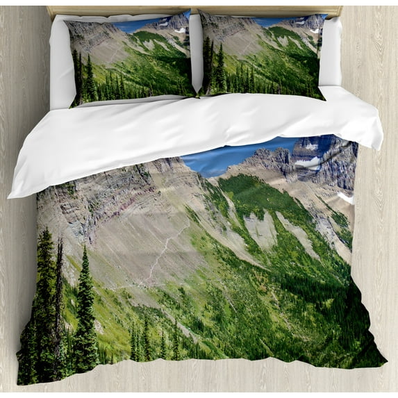 Landscape Duvet Cover Set, View of High Mountains with Forests Hiking Snowy Slope Pine Trees, Decorative 3 Piece Bedding Set with 2 Pillow Shams, Queen Size, Olive Green Multicolor, by Ambesonne