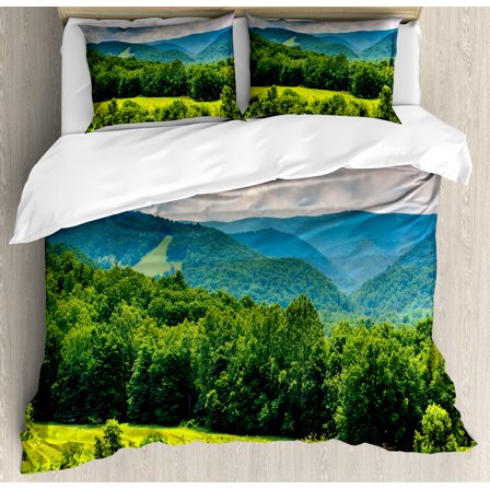 Landscape Duvet Cover Set, View of Mountains in Potomac Highlands of West Virginia Rural Scenery Picture, Decorative 3 Piece Bedding Set with 2 Pillow Shams, Calking Size, Forest Green, by Ambesonne