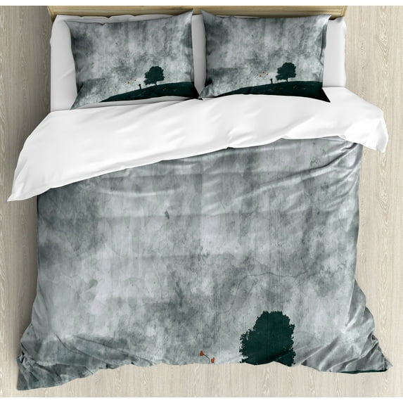 Landscape Duvet Cover Sets, Silhouette of Along Balloons Heart Shape by Lone Tree on the Hill, Bedding Set with 2 Duvet Covers & 4 Pillowcases, 2 Pack King Size, Dark Petrol Blue, by Ambesonne
