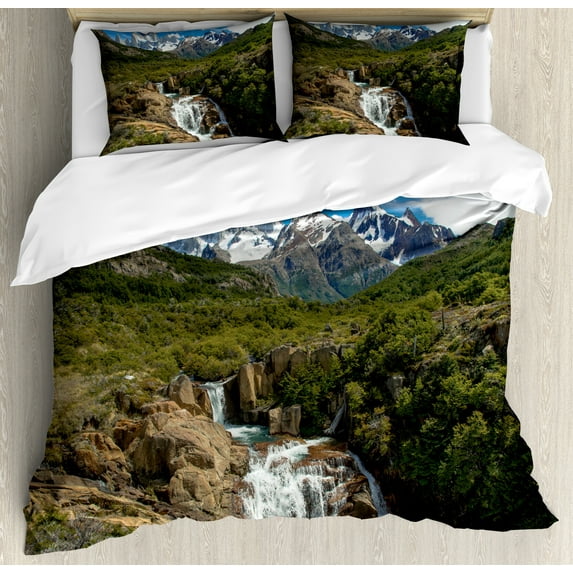 Landscape Duvet Cover Sets, View of Mount Fitz Roy in the Los Glaciares National Park, Bedding Set with 2 Duvet Covers & 4 Pillowcases, 2 Pack Queen Size, Olive Green Cocoa, by Ambesonne