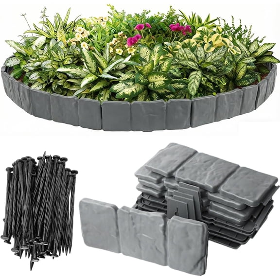 Landscape Edging, 4 Inch Tall Faux Stone Edging for Landscaping, 40pcs Plastic Garden Edging Border (Total 32FT) for Flowerbeds, Yard, with 40pcs Anchoring Spikes, Greystone