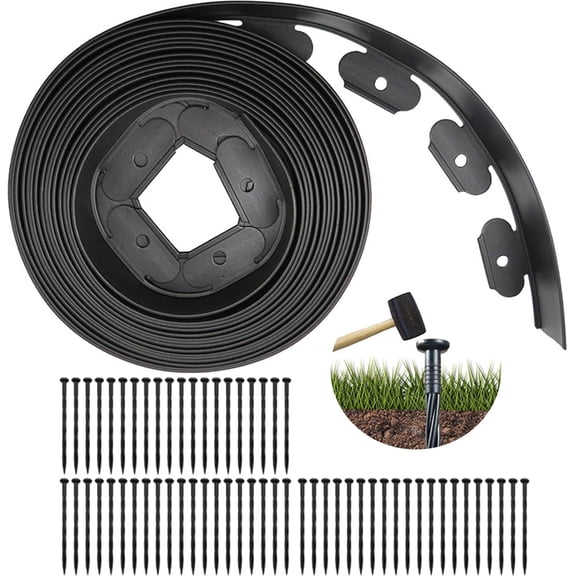 Landscape Edging 66ft, 2IN Tall Garden Edging with 60pcs Archoring Spikes, Flexible Lawn Edging Borders Kits, Plastic Edging for Landscaping, Garden Fence, Flower Beds, Paving Edging, Black