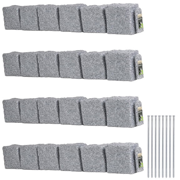 Landscape Edging Blocks, Weather-Resistant Garden Border for Lawns and Walkways, Interlocking Faux Stone Design, 4 Pack with Spikes, Gray