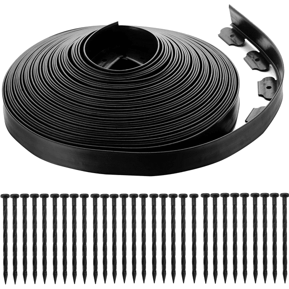 Landscape Edging Border 2 Inch Tall | 100 FT with 150 PCS Spikes, Plastic Lawn Edging for Landscaping, Flower Beds, and Yard - Black