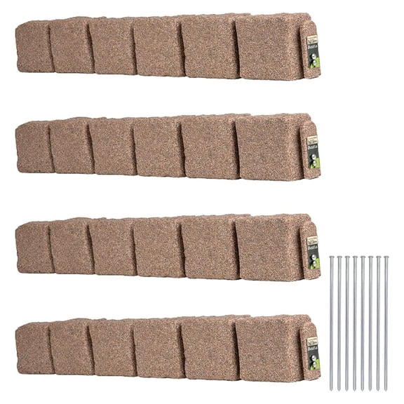 Landscape Edging Border Garden Edging Polyrock Blocks for Lawn Edging Flower Beds Yard Edging 4 Pack Cobblestone Style Each Section 6 Blocks 8 Spikes 4" L x 4" W x 6.5" H Faux Stone Look