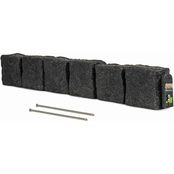 Landscape Edging | Garden Edging Border | Faux Stone Blocks for Lawn Edging, Flower Beds & Yard Edging – 1 Pack | Each Section Has 6 Blocks 48" L x 4" W x 6.5" H | 2 Spikes | Charcoal