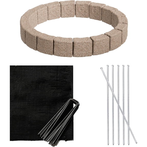 Landscape Edging | Garden Edging Border | Faux Stone Blocks for Tree Rings | 4FT Dia |3 Sections| Each Section 6 Bricks 48" L x 3.5" W x 6.5" H with Weed Guard,10 Staples & 6 Pins - Sandstone