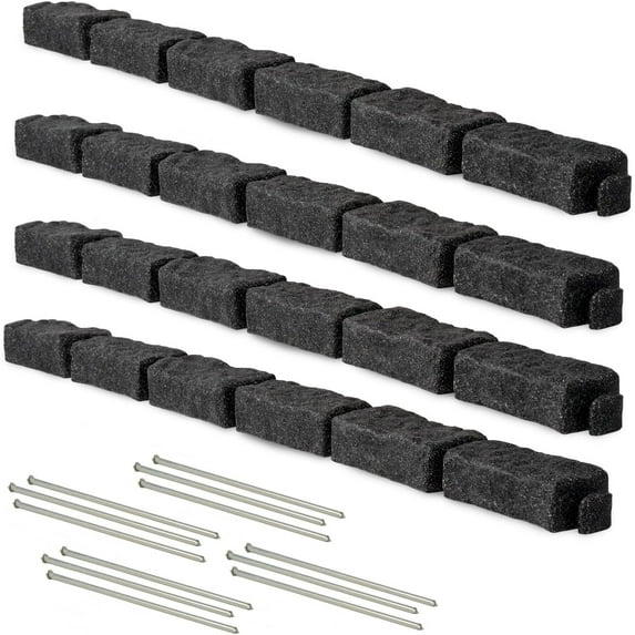 Landscape Edging | Garden Edging Border | Faux Stone Bricks for Lawn edging, Flower beds, Pathways & Yard Edging– 4 Packs | Each Section Has 6 Bricks 48"L x 4"W x 2.25"H | 12 Spikes |Charcoal