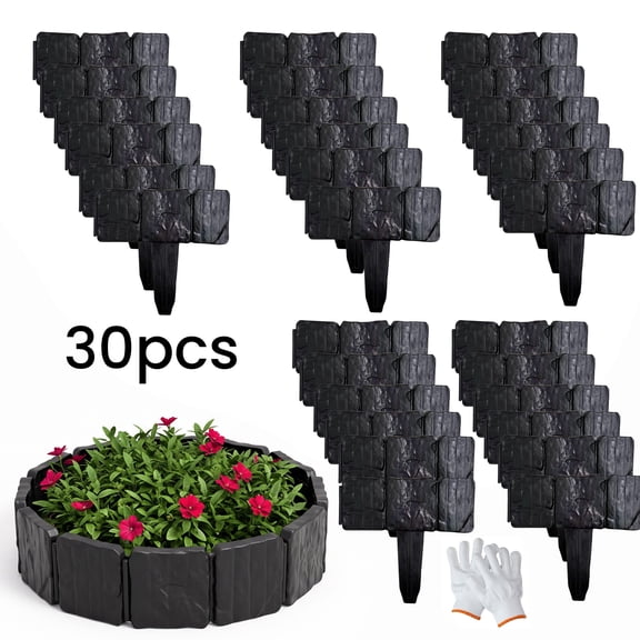 Landscape Edging Garden Edging Border Faux Stone Edging with Gloves, 30 Pcs 9.84'' L x 9.06'' H Decorative Stone-Look Garden Border for Flower Bed Edging,Pathway Yard Edging,Black