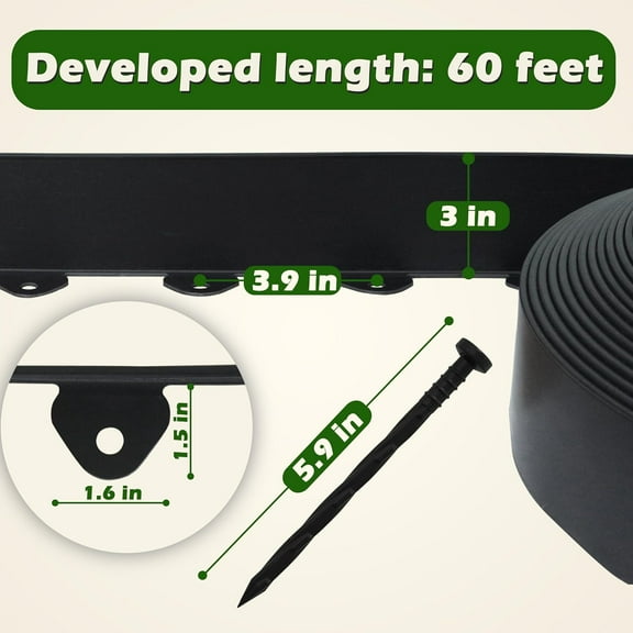 Landscape Edging Kit, 60-Foot Long, 3-Inch Tall, No Dig Garden Edging Border for Flower Beds, Tree Rings, Pathways , Includes 60 Spikes