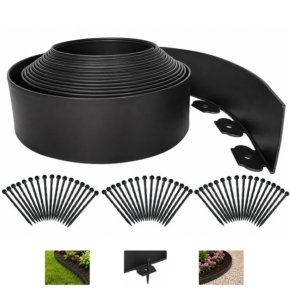 Landscape Edging Kit, Flexible Black Plastic Garden Border with Stakes, DIY Lawn Edging Fence for Yard, Trees, Flower Beds & Grass Landscaping