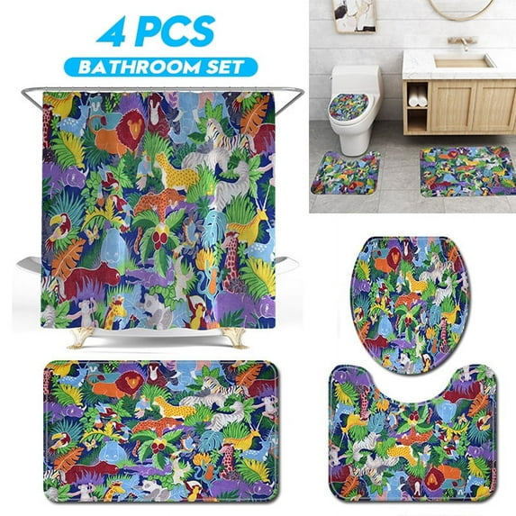 Landscape Falls Waterproof Shower Curtain Bath Mat Lid Cover Bathroom Decor 4PCS/Set: Pedestal Rug+Lid Toilet Cover+Bath Mat+Shower Curtain+12 Hooks