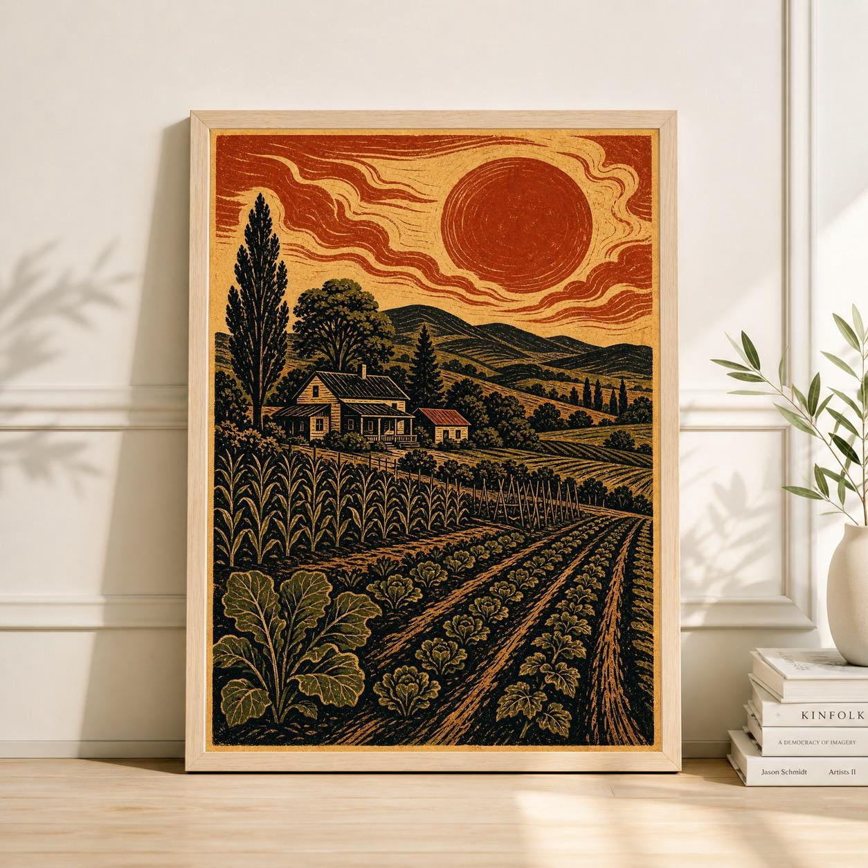 Potato Drowing Landscape Farm Vegetable Field Art Vintage Linocut Countryside Poster ...