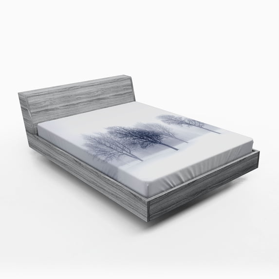 Landscape Fitted Sheet, Abstract View of Trees Forest Branches Leafless Winter Time Stormy Art Photo, Soft Decorative Fabric Bedding, Queen Size, White and Grey, by Ambesonne