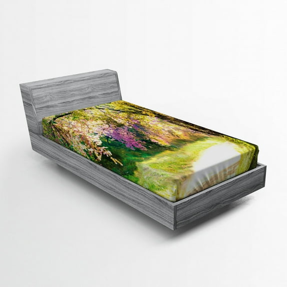 Landscape Fitted Sheet, Blurry Spring Park View with Walkway Colorful Flower Trees Garden Idyllic Scenery, Soft Decorative Fabric Bedding, Twin Size, Multicolor, by Ambesonne