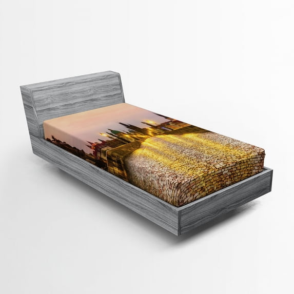 Ambesonne Cityscape Fitted Sheet, Old Town in Prague, Twin Size, Yellow Brown