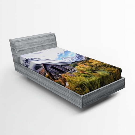 Landscape Fitted Sheet, European Mountains Spring Season Flourishing Nature Green Themed Photography, Soft Decorative Fabric Bedding, Twin XL Size, Green and Grey, by Ambesonne