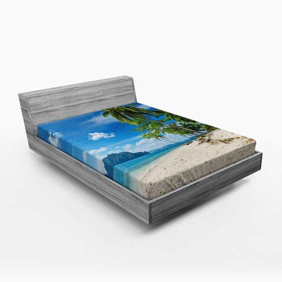 Ambesonne Landscape Fitted Sheet, Sea Palms Mountains, Full Size, Blue Cream Green