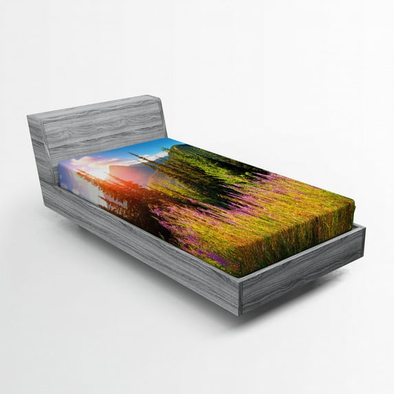 Landscape Fitted Sheet, Fall Landscape Picture in Mountains with Flowers Alpine Trees Forest at Sunrise, Soft Decorative Fabric Bedding, Twin Size, Green Pink, by Ambesonne