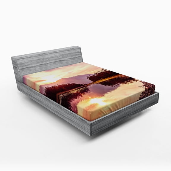 Ambesonne Landscape Fitted Sheet, Jackson Lake in USA, Full Size, Peach Pale Yellow