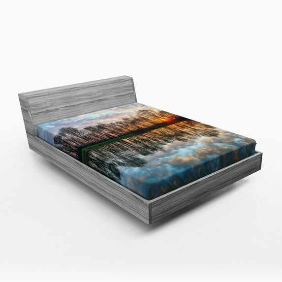 Landscape Fitted Sheet, Lake Sunset with the Mirroring Crystal Water and Horizon over Forest Boho, Soft Decorative Fabric Bedding, Full Size, Multicolor, by Ambesonne