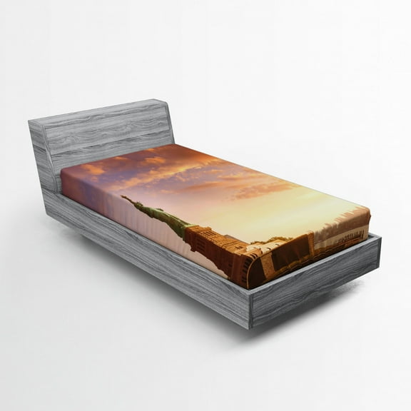 Landscape Fitted Sheet, Liberty Land Free Home Brave New York Scenery with Clouds Image, Soft Decorative Fabric Bedding, Twin Size, Multicolor, by Ambesonne