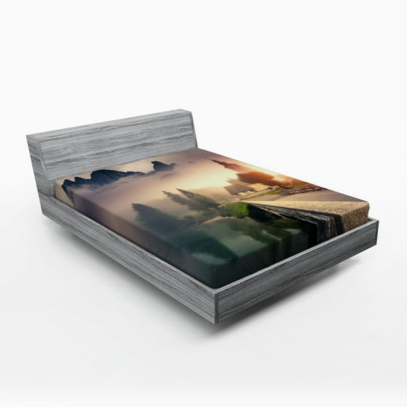 Ambesonne Landscape Fitted Sheet, Foggy Morning Scenery, Queen Size, Beige Grey