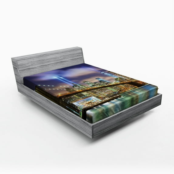 Landscape Fitted Sheet, Manhattan Skyline with Brooklyn Bridge and Towers in NYC United States America, Soft Decorative Fabric Bedding, Queen Size, Purple Green, by Ambesonne