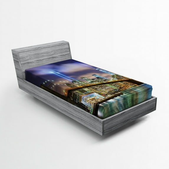 Landscape Fitted Sheet, Manhattan Skyline with Brooklyn Bridge and Towers in NYC United States America, Soft Decorative Fabric Bedding, Twin XL Size, Purple Green, by Ambesonne