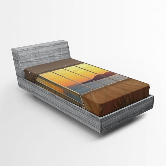 Ambesonne View Fitted Sheet, House with Mountain Ocean, Twin XL Size, Pale Brown Marigold