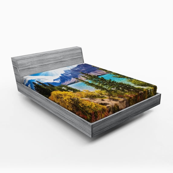 Landscape Fitted Sheet, National Park Banff Canadian Rockies Mountain Trees Glacial Lake Sunny Sky, Soft Decorative Fabric Bedding, Full Size, Aqua Mauve Green, by Ambesonne