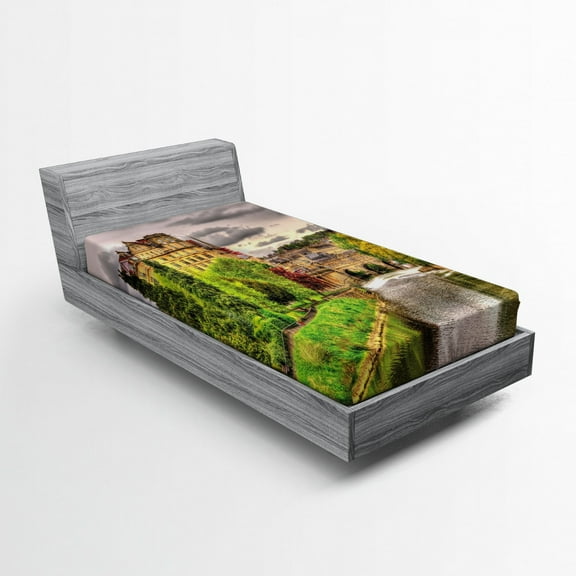 Ambesonne Landscape Fitted Sheet, View of Bath River, Twin XL Size, Fern Green