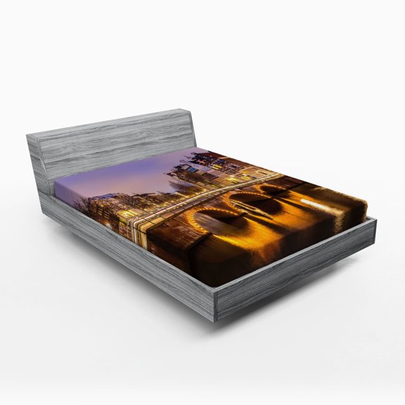 Ambesonne Landscape Fitted Sheet, Old Bridge European, Full Size, Amber Lilac