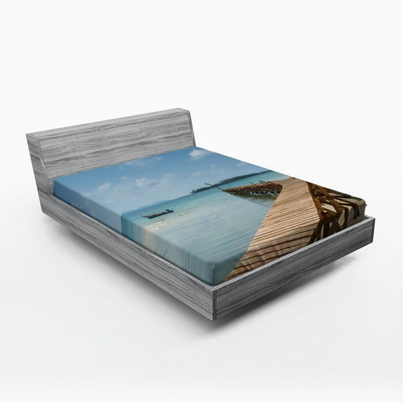 Ambesonne Nautical Fitted Sheet, Wooden Bridge to Sea, Full Size, Blue Brown