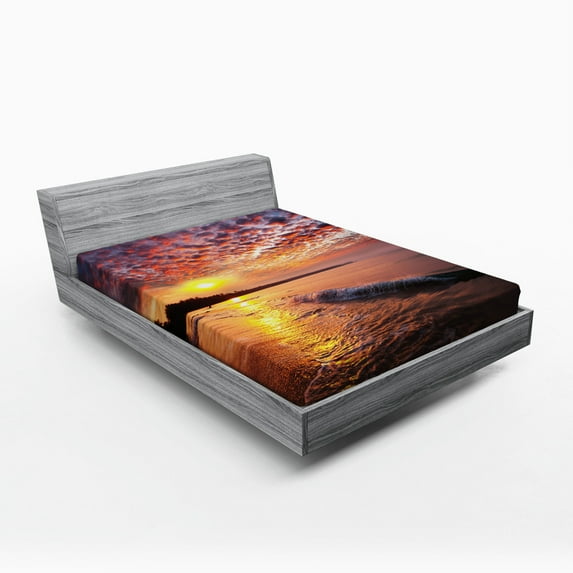 Landscape Fitted Sheet, Photo of Sunrise with Cloudy Sky at Seashore Dramatic Dawn Island Forest, Soft Decorative Fabric Bedding, Full Size, Orange Mauve Blue, by Ambesonne