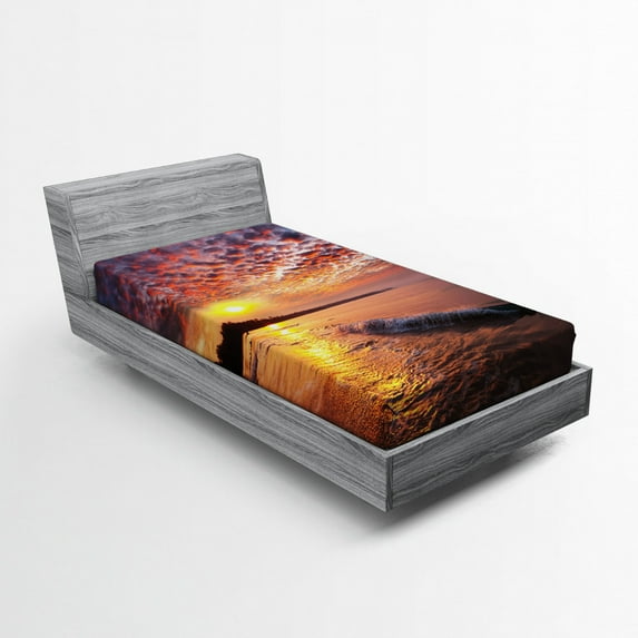 Landscape Fitted Sheet, Photo of Sunrise with Cloudy Sky at Seashore Dramatic Dawn Island Forest, Soft Decorative Fabric Bedding, Twin XL Size, Orange Mauve Blue, by Ambesonne