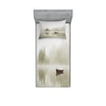 thumbnail image 1 of Landscape Fitted Sheet & Pillow Sham Set, Boat on the Lake Silhouettes Trees on Water Sky Nature Themed Art, Decorative Printed 4 Piece Bedding Decor Set, Twinxl, Eggshell Brown Orange, by Ambesonne, 1 of 3