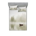 thumbnail image 1 of Landscape Fitted Sheet & Pillow Sham Set, Boat on the Lake Silhouettes Trees on Water Sky Nature Themed Art, Decorative Printed 6 Piece Bedding Decor Set, King, Eggshell Brown Orange, by Ambesonne, 1 of 3