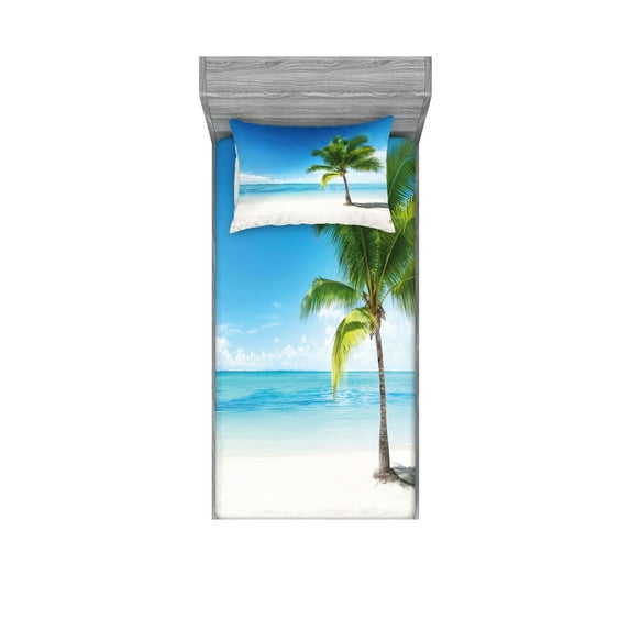 Landscape Fitted Sheet & Pillow Sham Set, Caribbean Maldives Beach Island Sea Ocean Palm Trees Art Print, Decorative Printed 4 Piece Bedding Decor Set, Twin, Sky Blue Green and White, by Ambesonne