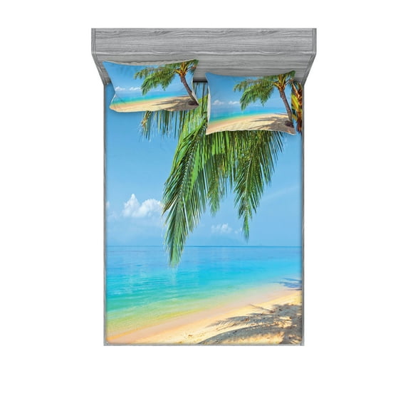 Landscape Fitted Sheet & Pillow Sham Set, Tropic Botanic Image with Coconut Palms near Ocean Sea Beach Photo, Decorative Printed 6 Piece Bedding Decor Set, Calking, Sky Blue Cream, by Ambesonne